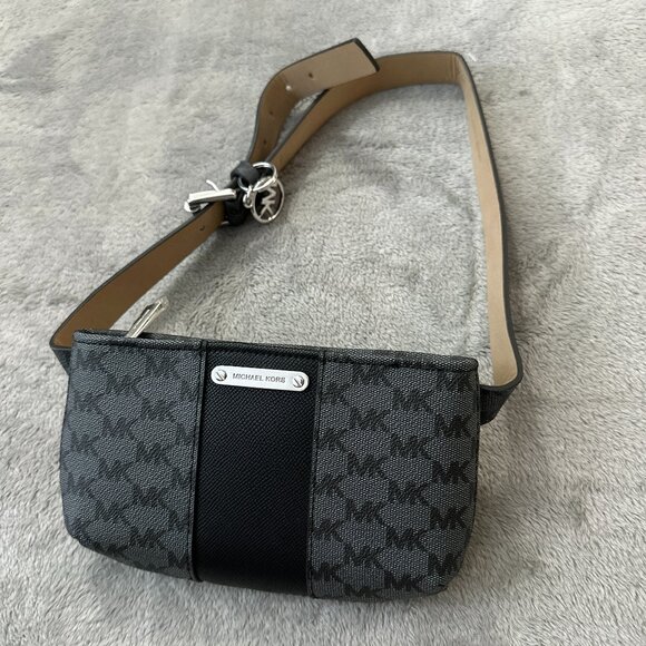 Michael Kors Logo Print Belt Bag Fanny Pack Wallet Purse Gray Black - Picture 1 of 6